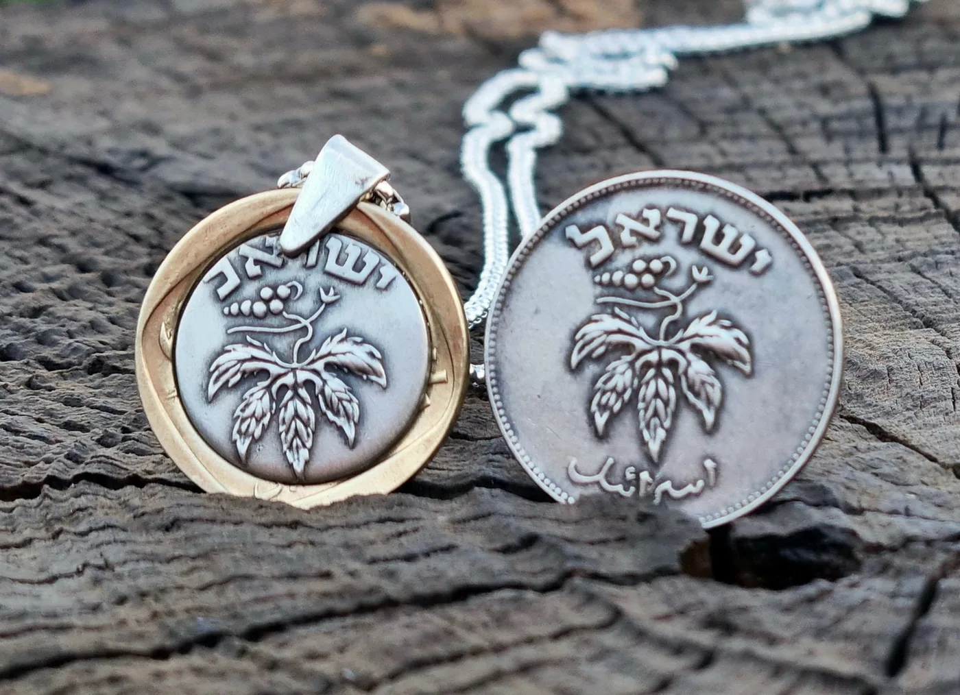 תליון גפן, 50 פרוטה, שנת 1949. מהמטבעות הראשונים של ישראל